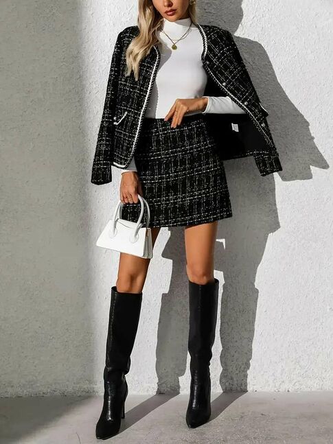 Хар tweed юбка, пиджак хослол