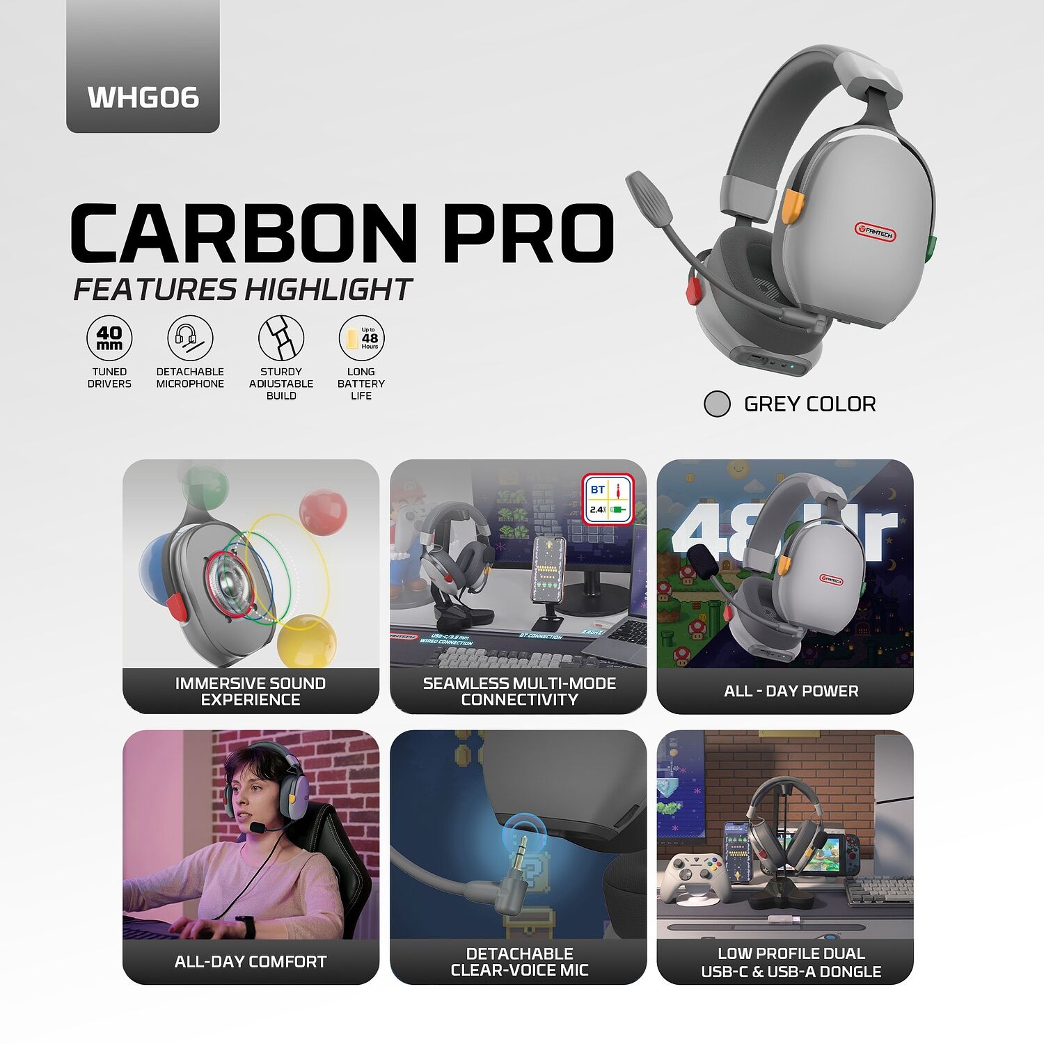Fantech Carbon Pro WHG06 Multi-Platform Wireless Headset Gray