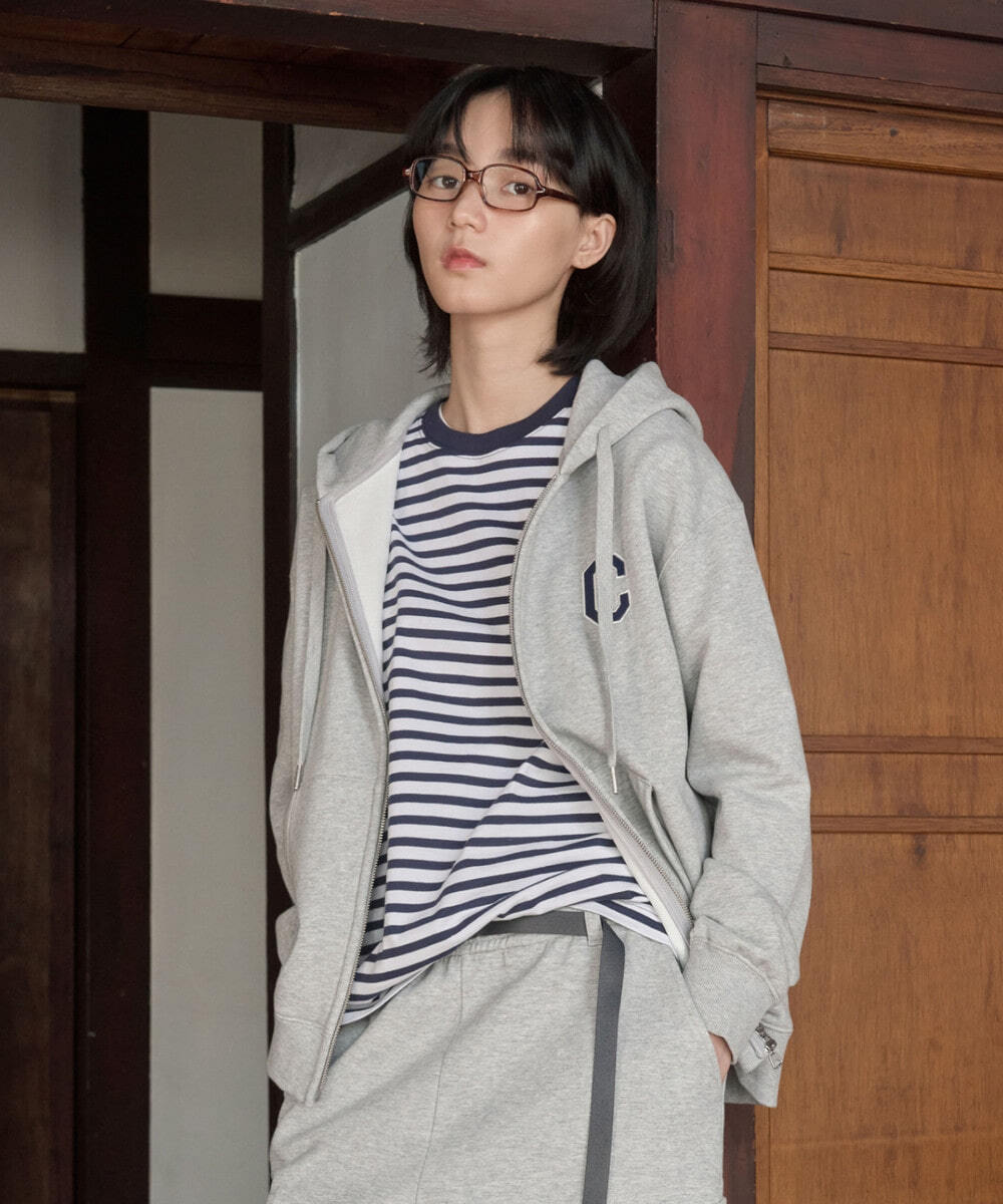 C Logo Hooded Zip-Up Melange Gray