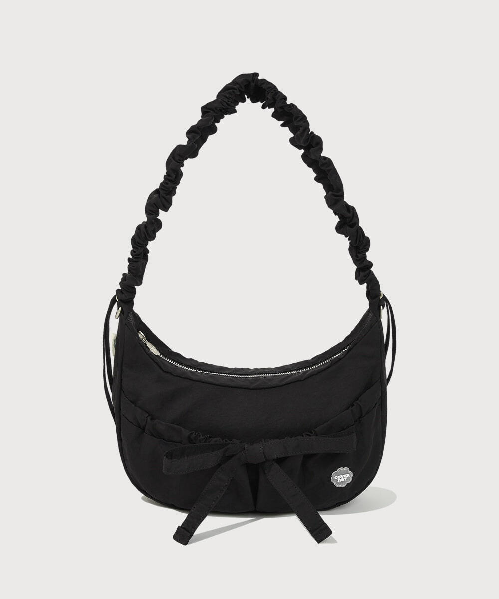 Women's Clover Heart Shirring Medium Nylon Hobo Bag, Black