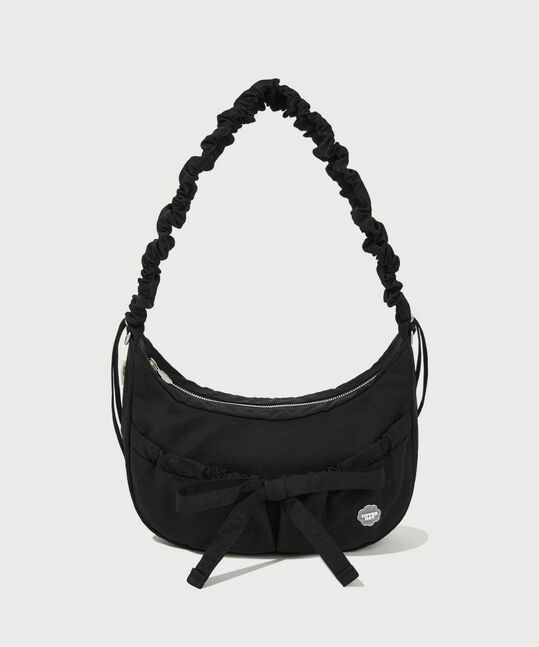 Women's Clover Heart Shirring Medium Nylon Hobo Bag, Black