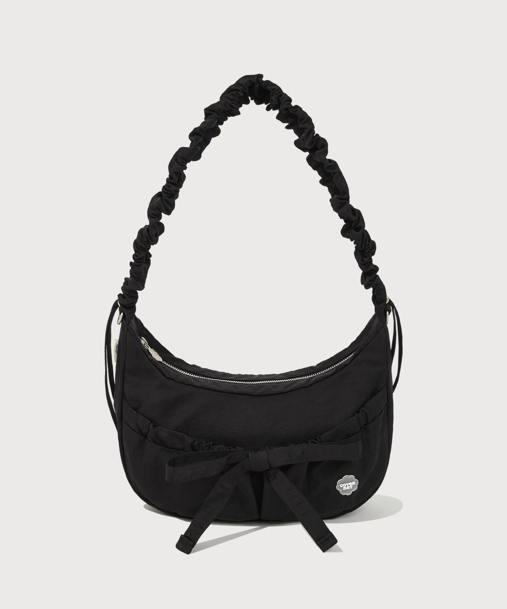 Women's Clover Heart Shirring Medium Nylon Hobo Bag, Black