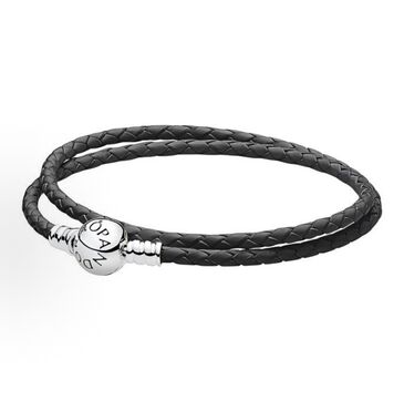 Pandora Moments Round Clasp Black Braided Leather Bracelet