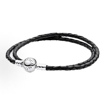 Pandora Moments Round Clasp Black Braided Leather Bracelet