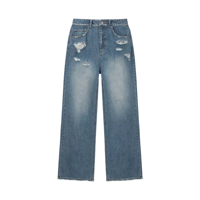 BACK POCKET PATCH DESTROYED DENIM PANTS