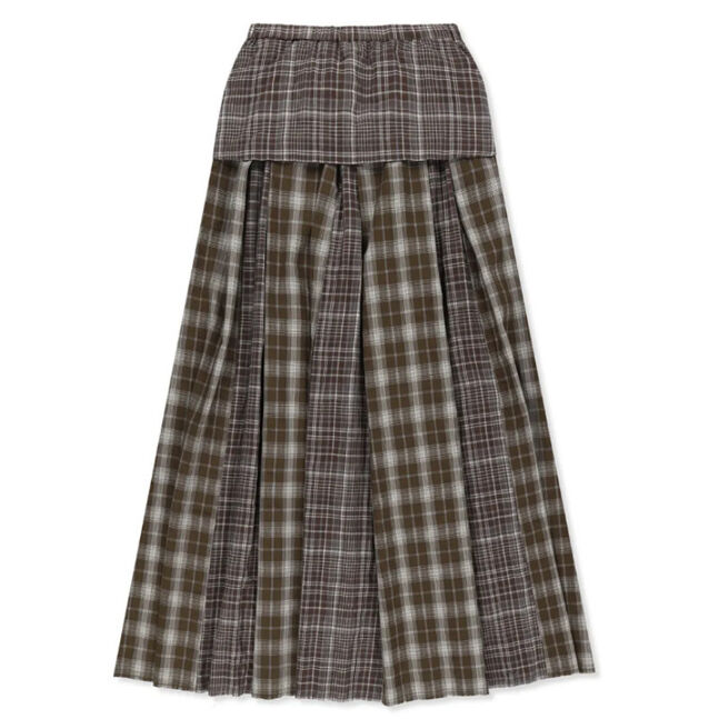 MIXED CHECK SLEEVE TIE FLARE SKIRT