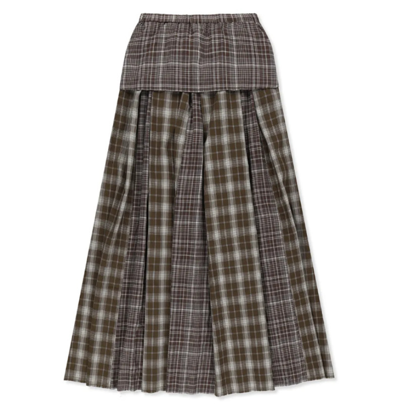MIXED CHECK SLEEVE TIE FLARE SKIRT