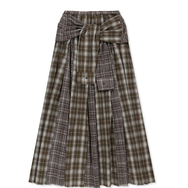 MIXED CHECK SLEEVE TIE FLARE SKIRT