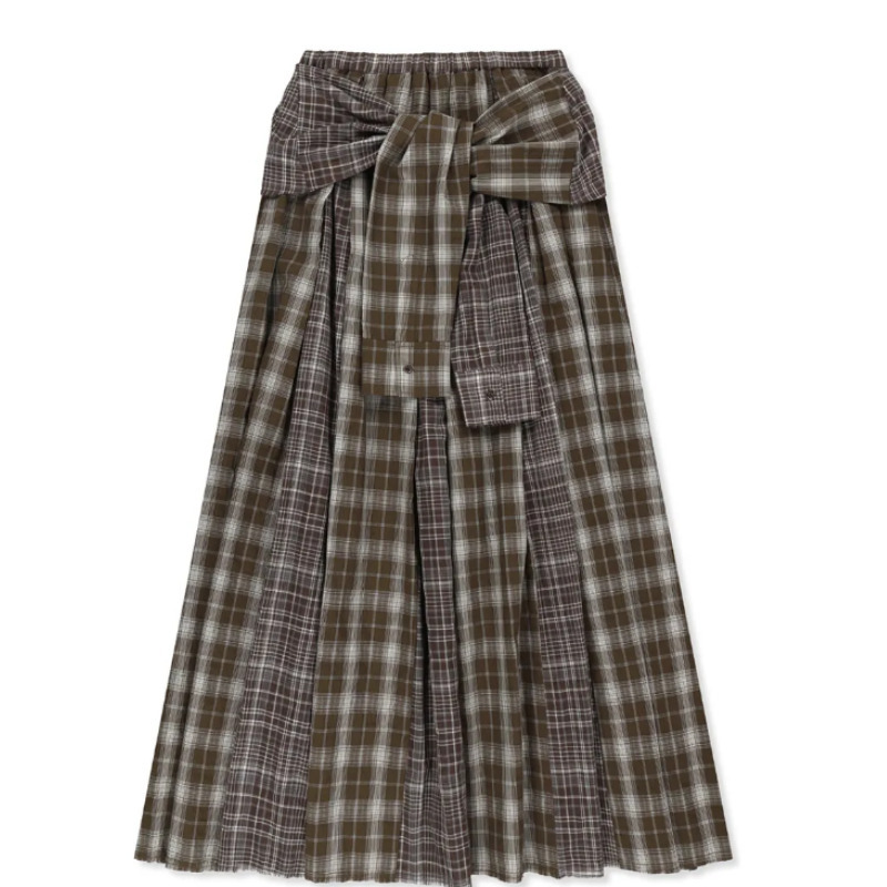 MIXED CHECK SLEEVE TIE FLARE SKIRT