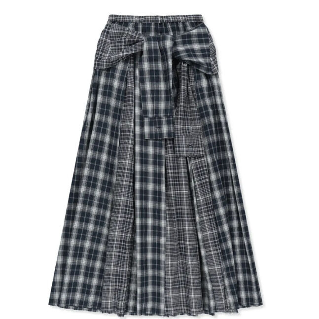 MIXED CHECK SLEEVE TIE FLARE SKIRT