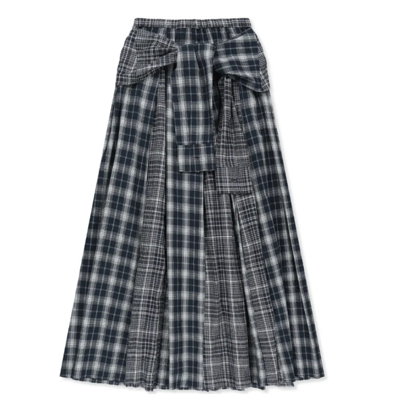 MIXED CHECK SLEEVE TIE FLARE SKIRT
