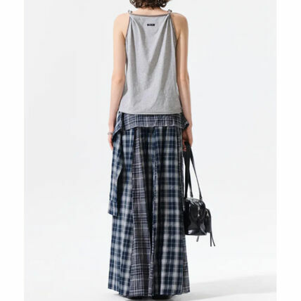 MIXED CHECK SLEEVE TIE FLARE SKIRT
