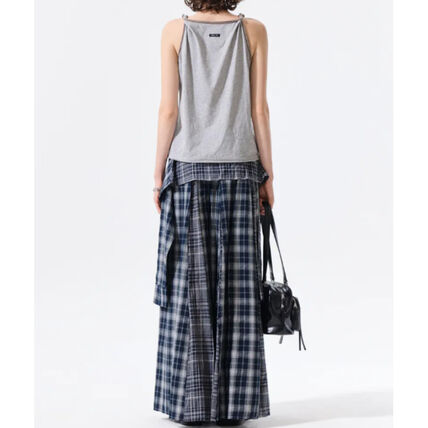 MIXED CHECK SLEEVE TIE FLARE SKIRT