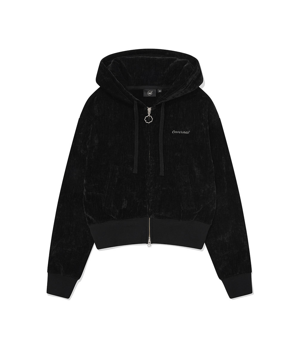 WOMEN CROP VELVET HOODIED ZIP-UP