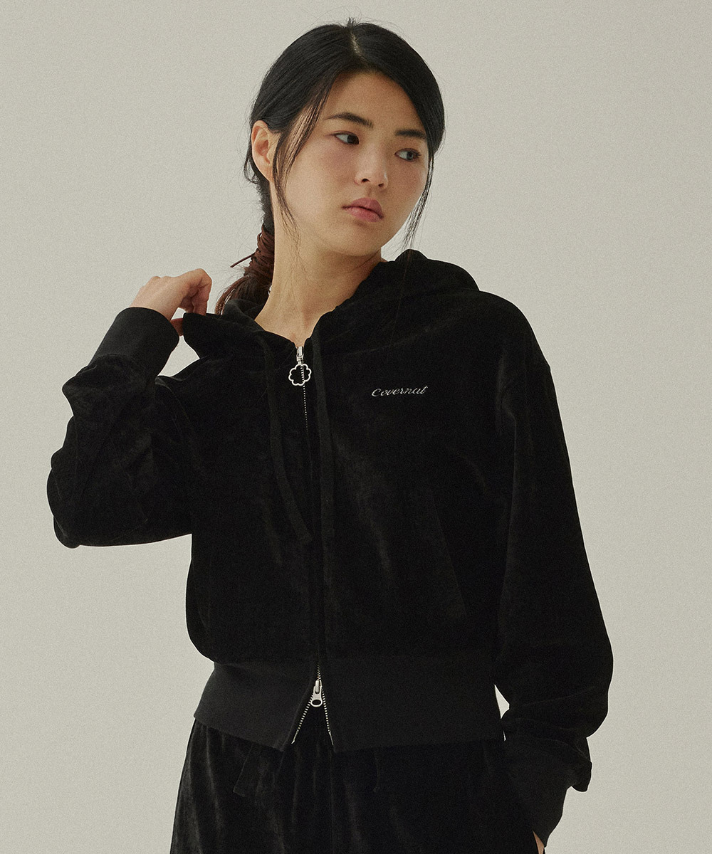 WOMEN CROP VELVET HOODIED ZIP-UP