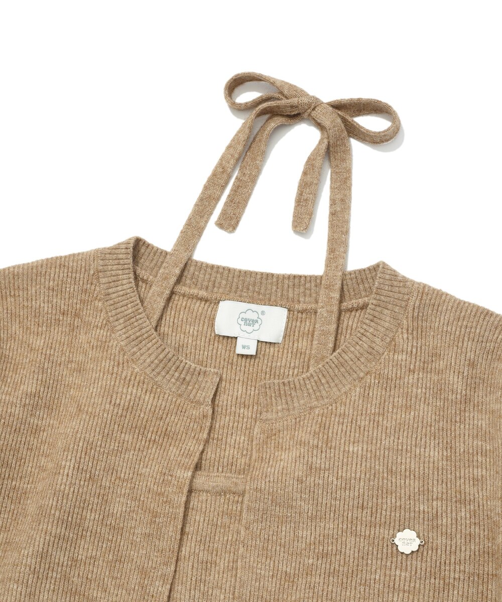 WOMEN HALTER-NECK CROP HALF SLEEVE KNIT