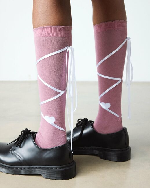 LONG LACE UP SOCK WHITE+DUSTY ROSE