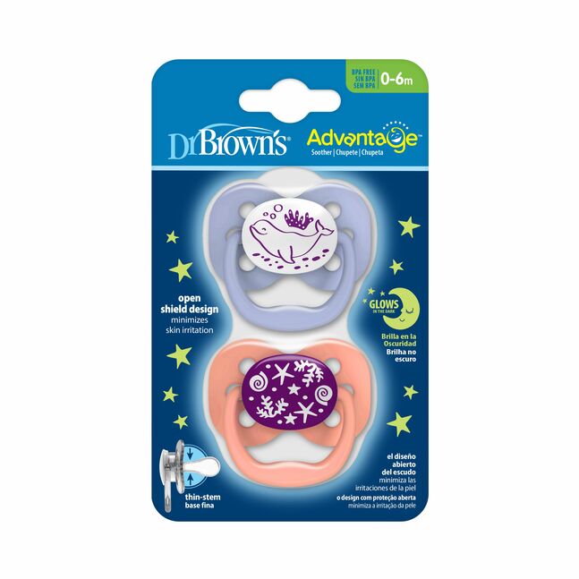 Dr.Brown's Advantage Pacifier - Stage 1, Glow in the Dark - Pink, 2-Pack