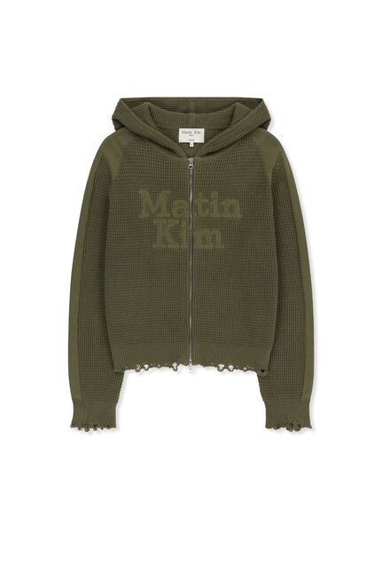 WAFFLE TEXTURE HOODY KNIT ZIP UP
