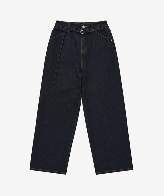 WOMEN BELTED WIDE DENIM PANTS