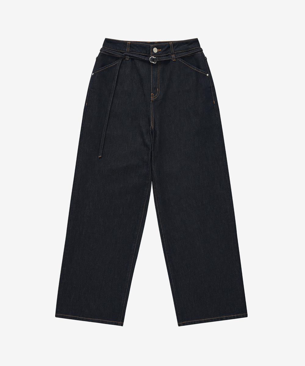 WOMEN BELTED WIDE DENIM PANTS