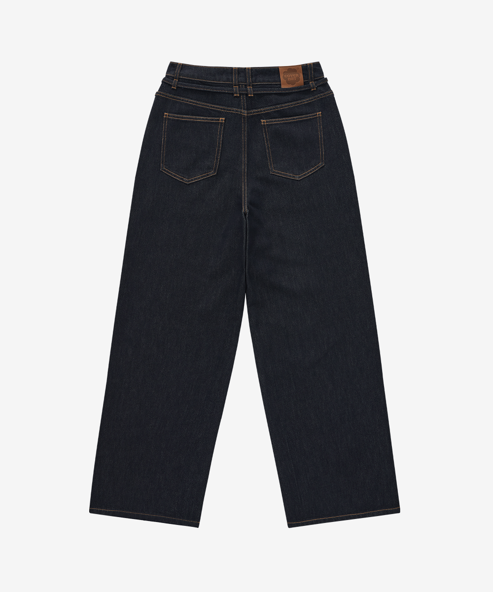 WOMEN BELTED WIDE DENIM PANTS