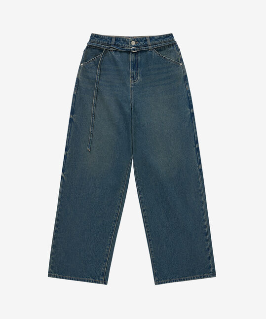 WOMEN BELTED WIDE DENIM PANTS