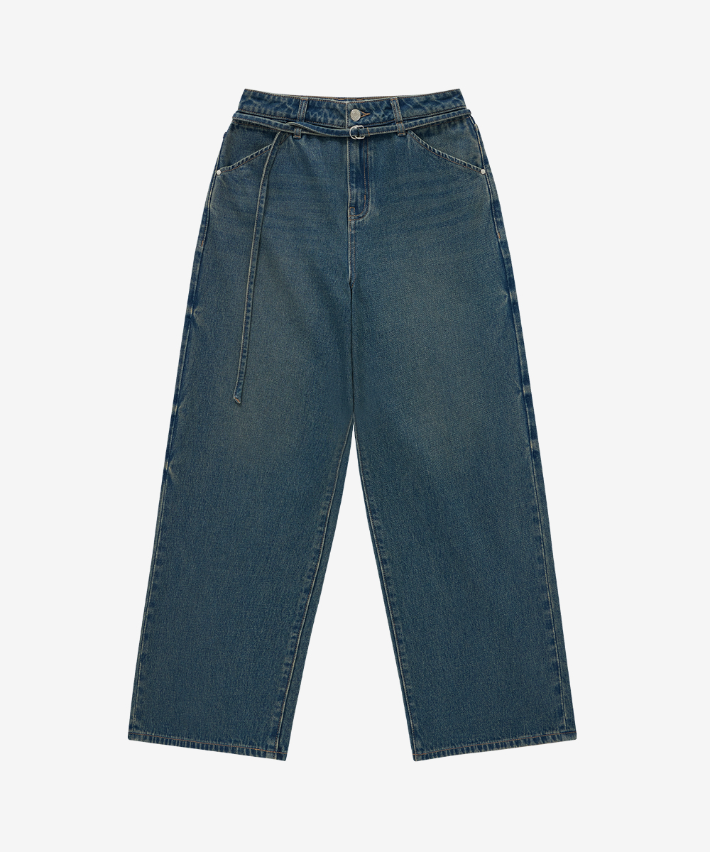 WOMEN BELTED WIDE DENIM PANTS