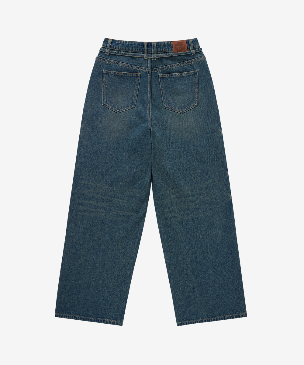 WOMEN BELTED WIDE DENIM PANTS