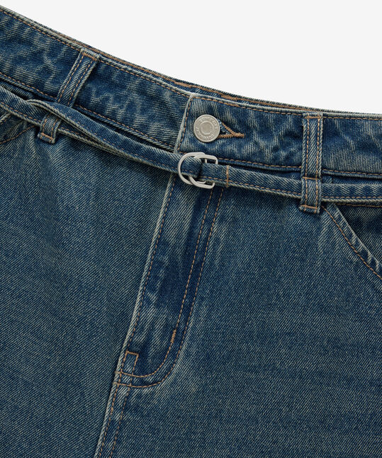 WOMEN BELTED WIDE DENIM PANTS