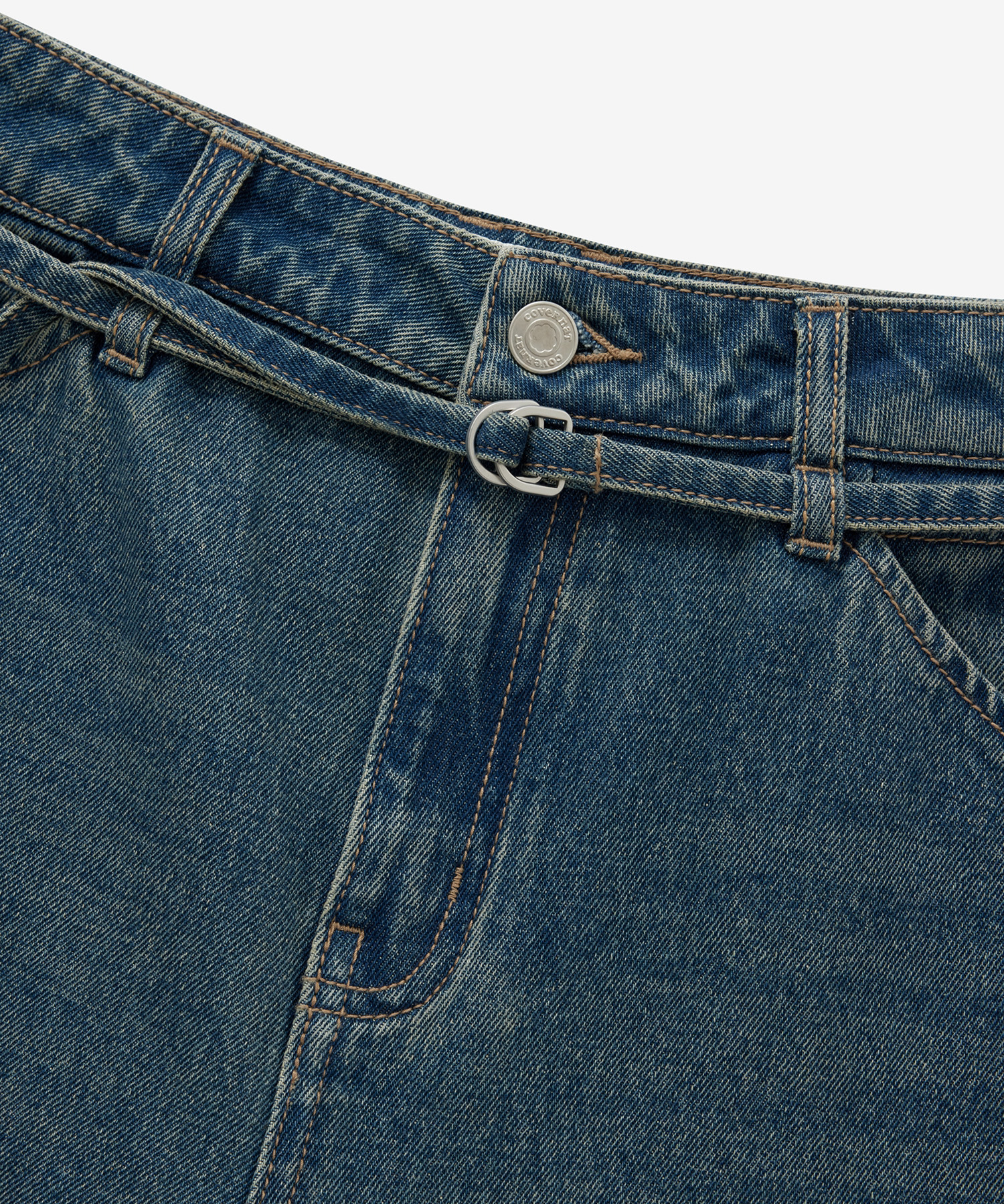 WOMEN BELTED WIDE DENIM PANTS