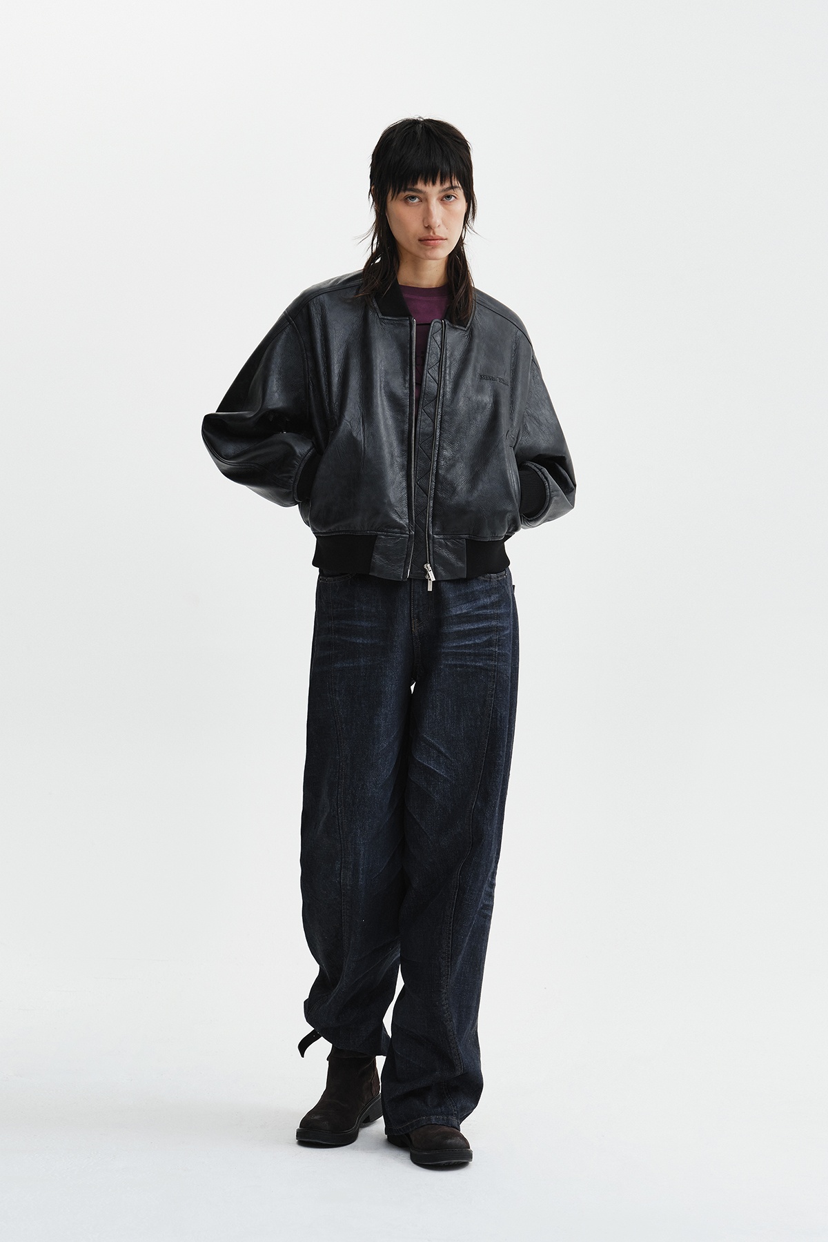 FAUX LEATHER RIB COLLAR BLOUSON FOR WOMEN