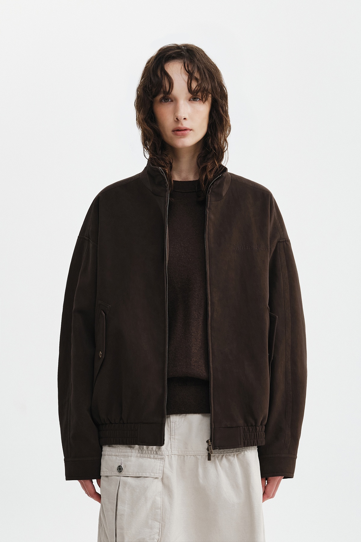 SMALL LOGO FAUX SUEDE HIGH NECK JUMPER