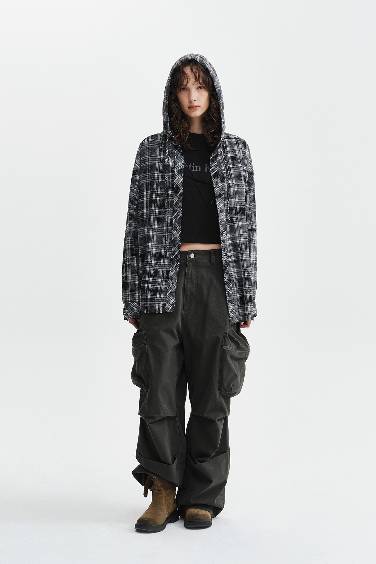 RAW CUT CHECK HOODED SHIRT