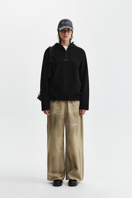 DISTRESSED HERRINGBONE WIDE PANTS
