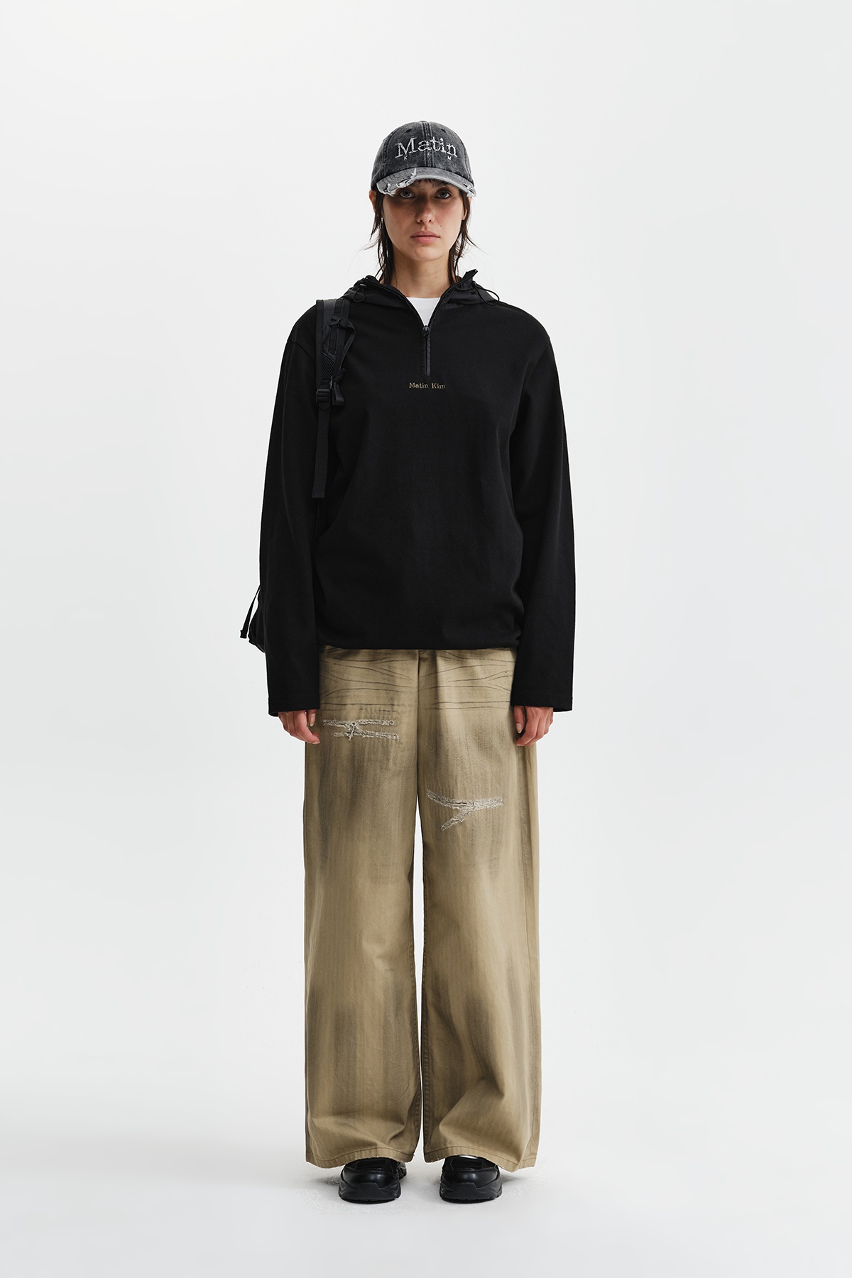 DISTRESSED HERRINGBONE WIDE PANTS