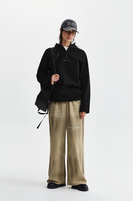 DISTRESSED HERRINGBONE WIDE PANTS