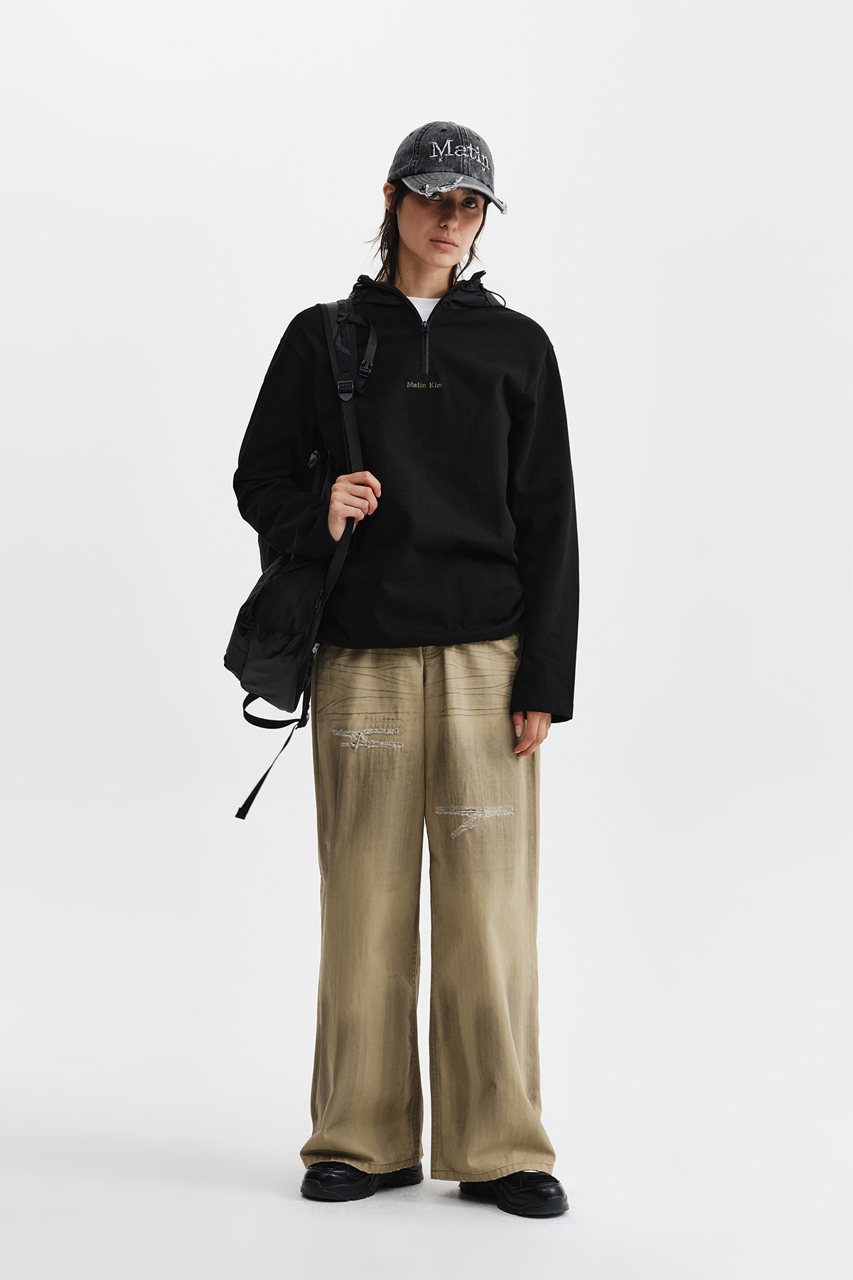 DISTRESSED HERRINGBONE WIDE PANTS