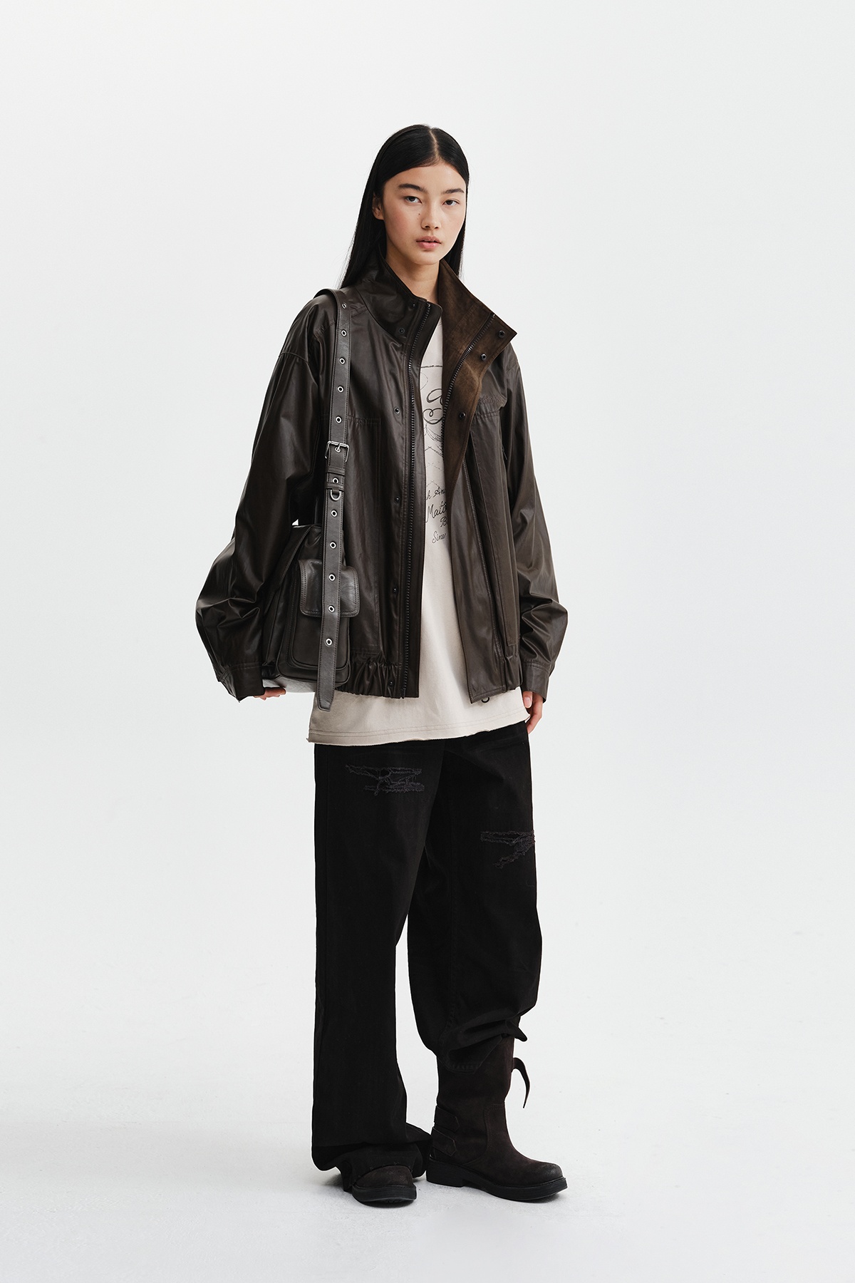 DISTRESSED HERRINGBONE WIDE PANTS