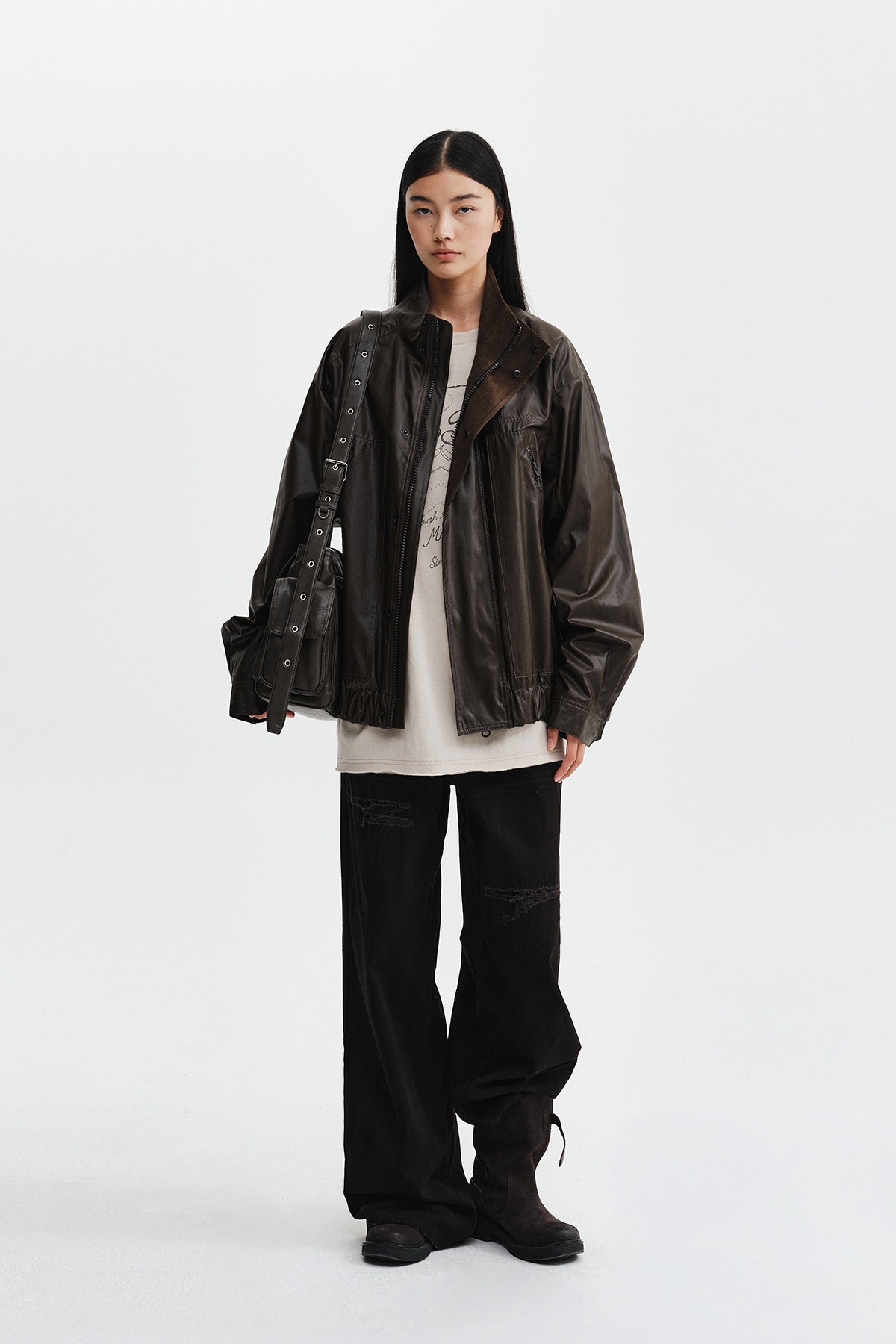DISTRESSED HERRINGBONE WIDE PANTS