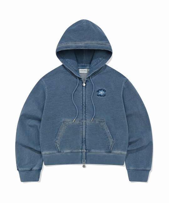 WOMEN'S DENIM WASHING CROPPED HOODIE ZIP-UP
