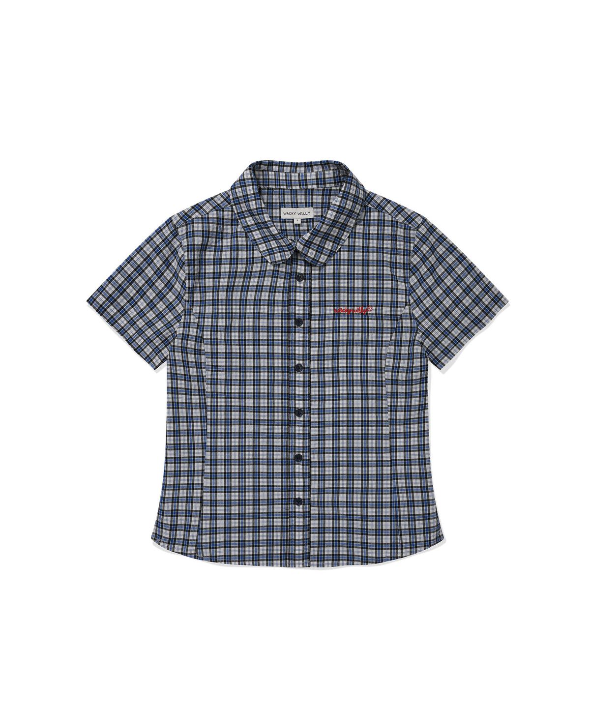 WOMEN’S ROUND-COLLAR SLIM-FIT CHECK SHORT-SLEEVE SHIRT