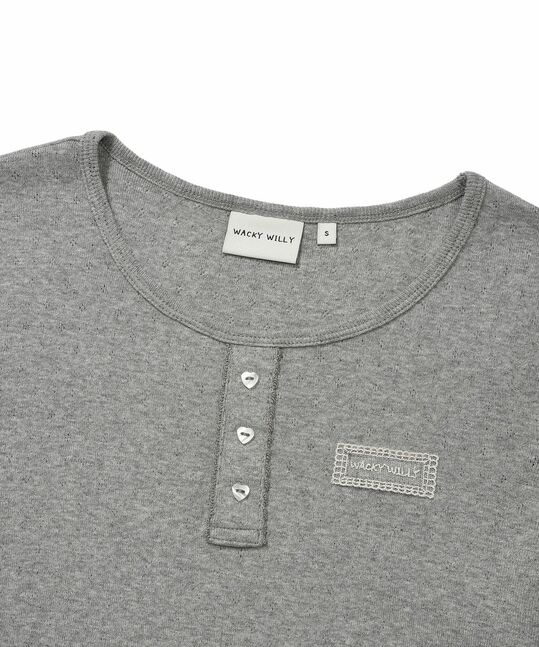 WOMEN'S HENRY NECK EYELET SHORT SLEEVE T-SHIRT
