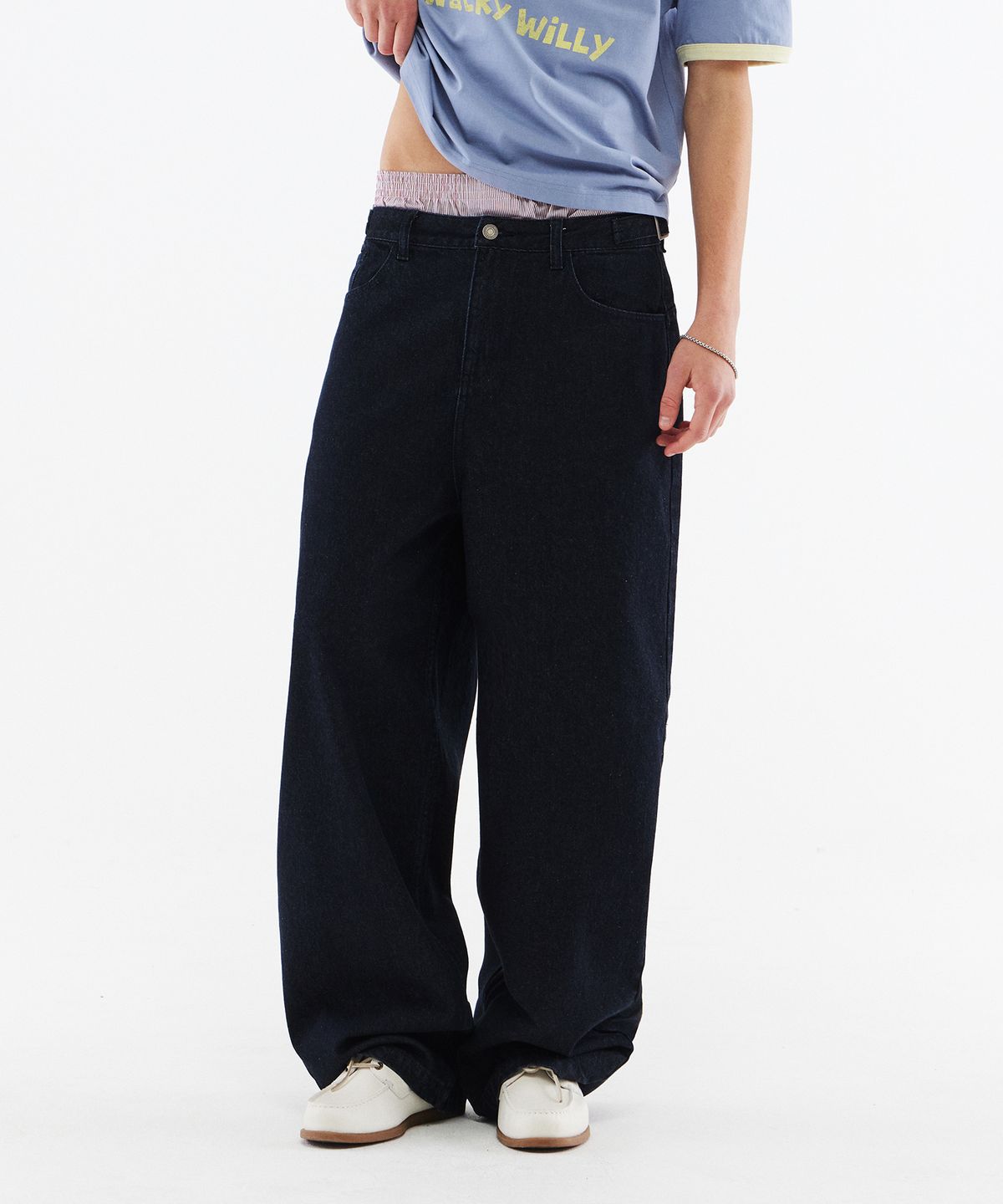 WAISTBAND ADJUSTER SEMI-WIDE DENIM PANTS