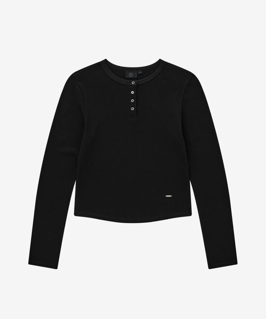 WOMEN HENLEY NECK WAFFLE LONG SLEEVE
