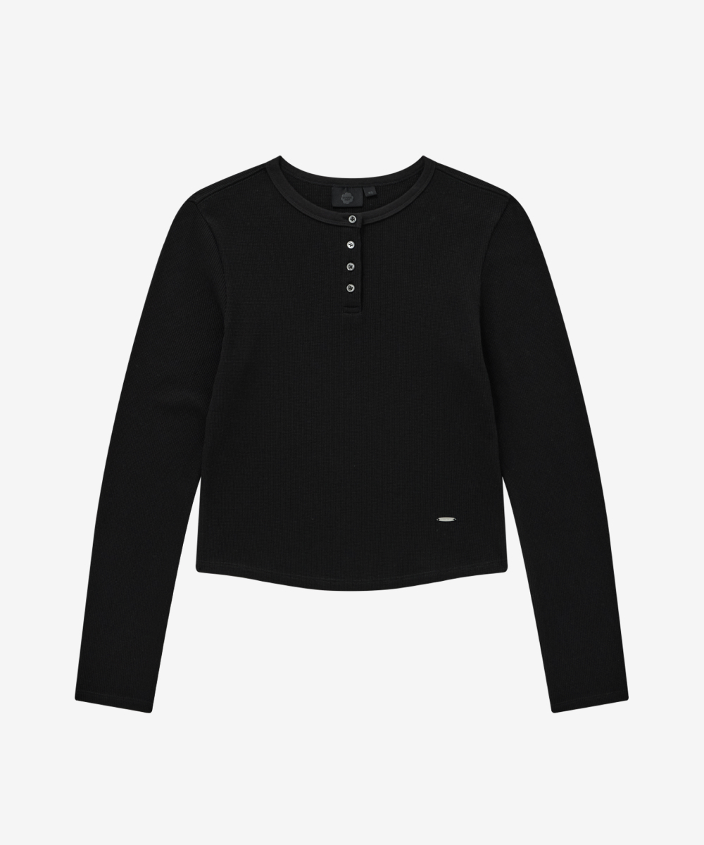WOMEN HENLEY NECK WAFFLE LONG SLEEVE