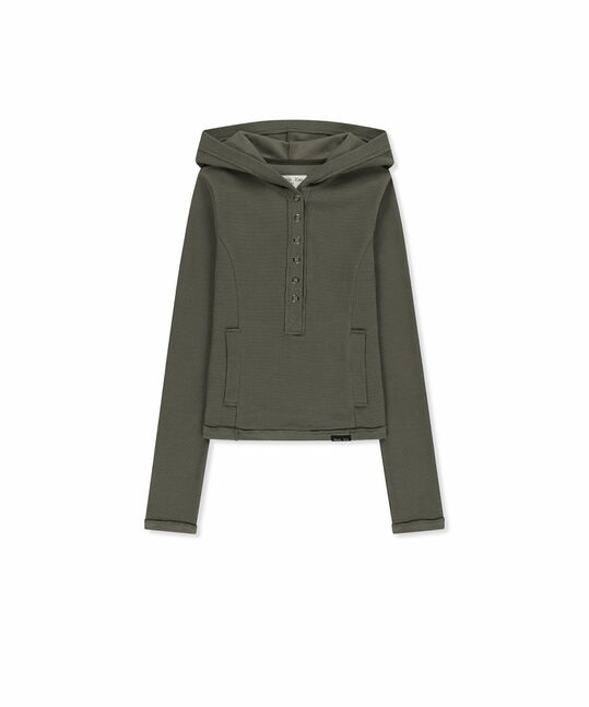 WAFFLE HENLEY NECK HOOD TOP