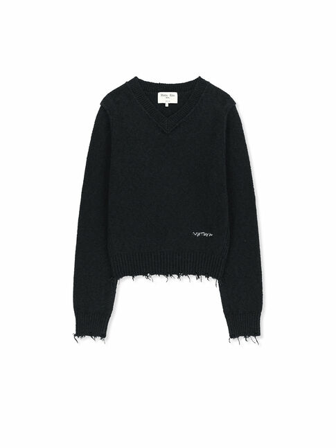 DISTRESSED HEM V NECK KNIT PULLOVER